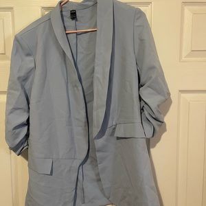 SHEIN LIGHT BLUE RUCHED SLEEVE BLAZER